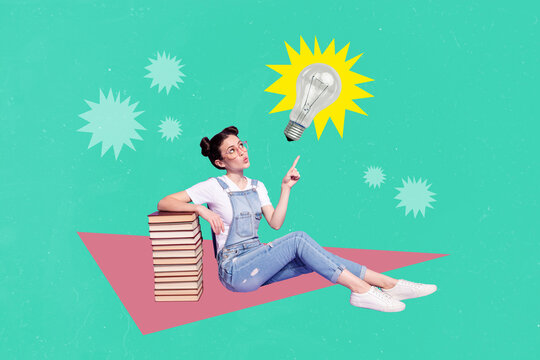 Creative drawing collage picture of genius smart student young woman pupil pile book have excellent idea knowledge power eureka solution