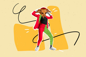 Collage 3d image of pinup pop retro sketch of funny funky young woman dancing dog head animal pet...