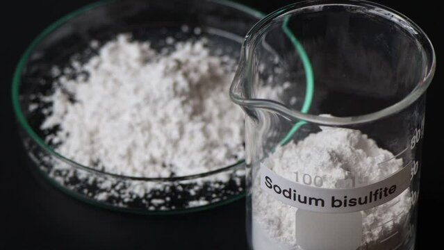 sodium bisulfite powder in glass, chemical in the laboratory and industry