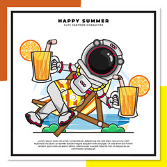 Cute cartoon character of astronaut drinking orange juice on the beach with happy summer greetings