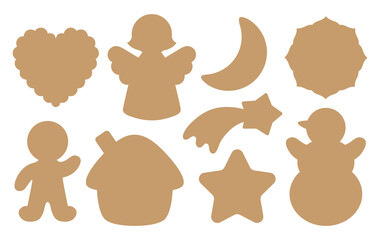 Christmas silhouette shapes for cookies or tags die cutting. Vector templates for cookie kit, cutting machine, paper craft. Pattern icon set. Winter motifs isolated silhouettes on white background.