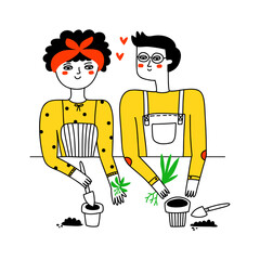Сouple of gardeners woman and man plant flowers. Gardening concept.