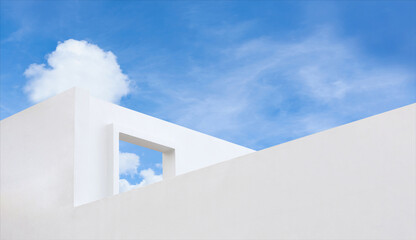 Wall texture of concrete with open window against blue sky and clouds, A part of White cement...