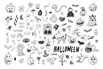 Halloween doodles vector illustrations set.