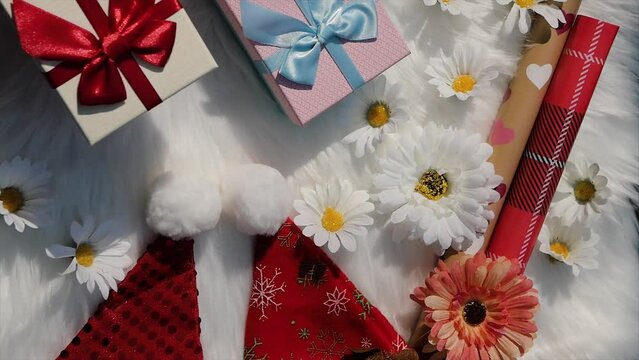Romantic decoration with gifts and flowers moving, Slow motion, Christmas and New year concept
