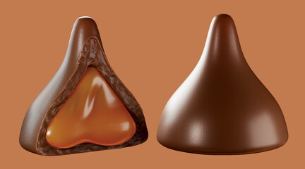 Chocolate pieces with caramel filling. Isolated on white background. Clipping path. Design element. 3d illustration.