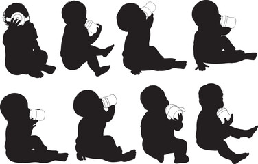 Set of baby silhouettes drinking from baby bottle isolated on white