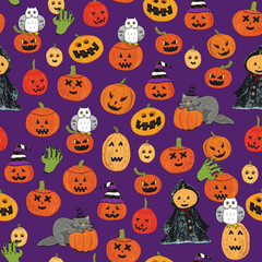 Halloween pumpkin doodles seamless vector pattern.