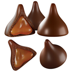 Chocolate pieces with caramel filling. Isolated on white background. Clipping path. Design element. 3d illustration.