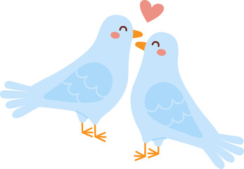 Couple birds in love. Dove, pigeon with heart isolated on white background. Vector clipart illustration
