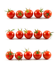 Red tomatoes collection isolated on white background, side view.