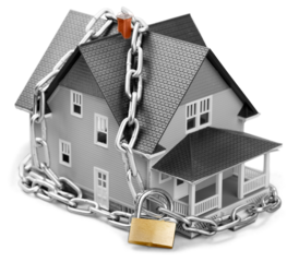 Real estate concept - chain with lock around the home architectural model