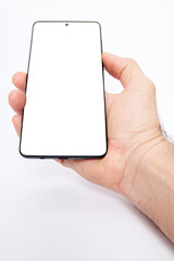  Hand holding mobile phone and blank screen for template advertising and branding technology background. 
 Realistic trendy smartphone mockup with thin frames and blank white screen isolated. 