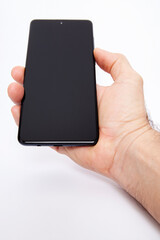  Hand holding mobile phone and blank screen for template advertising and branding technology background. 
 Realistic trendy smartphone mockup with thin frames and blank white screen isolated. 