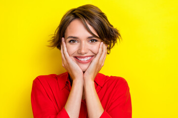 Portrait of friendly satisfied girl beaming smile hands touch cheeks isolated on yellow color background
