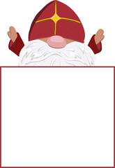 Saint Nicholas the dwarf. Saint Nicholas Day character. Hands up. Winter holidays for children. New Year and Christmas.