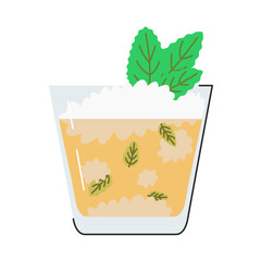 Mint Julep summer sweety cocktail in rocks glass isolated on white. Kentucky traditional long drink with mint leaves and ice cubes. Alcoholic beverage with sugar syrup. Mojito flat vector illustration - obrazy, fototapety, plakaty
