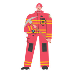 Firefighter character in red uniform holding pickaxe. Male fireman with full preparation isolated on white. Emergency service with professional worker. Hand drawn personage flat vector illustration