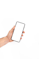  Hand holding mobile phone and blank screen for template advertising and branding technology background. 
 Realistic trendy smartphone mockup with thin frames and blank white screen isolated. 