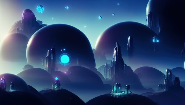 futuristic city of dome and glowing orbs with moon and stars