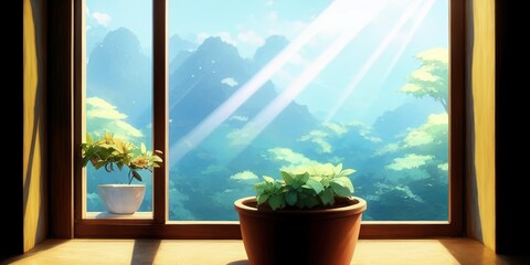 window with plants in the morning with sunray coming in