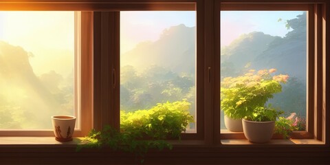 window with plants in the morning 