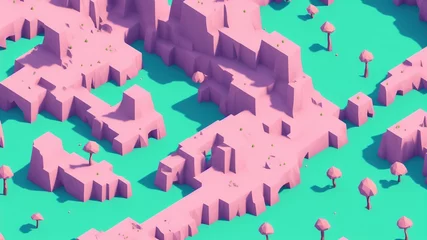 Poster 3d isometric landscape with pink trees abstract background  © Faisal
