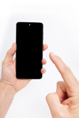  Hand holding mobile phone and blank screen for template advertising and branding technology background. 
 Realistic trendy smartphone mockup with thin frames and blank white screen isolated. 