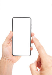 Hand holding mobile phone and blank screen for template advertising and branding technology background. 
 Realistic trendy smartphone mockup with thin frames and blank white screen isolated. 
