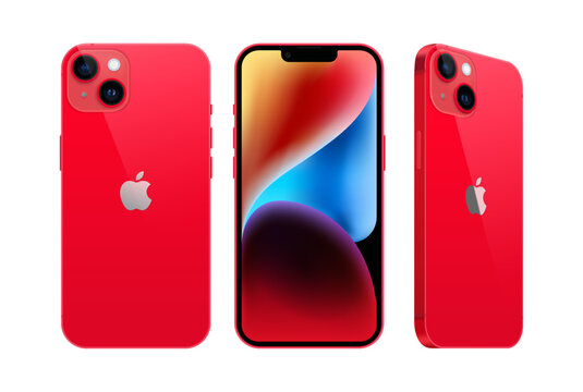 Set of Smart phone Apple iPhone 14 in different sides, in official red color, on white background. Realistic vector illustration