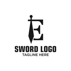 Letter E Sword Logo Design Template Inspiration, Vector Illustration.