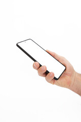  Hand holding mobile phone and blank screen for template advertising and branding technology background. 
 Realistic trendy smartphone mockup with thin frames and blank white screen isolated. 
