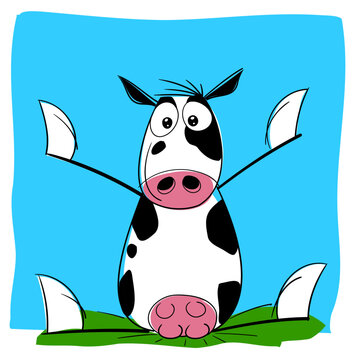 Vaca holstein o frisona en actitudes humanas, muy contenta porque est&aacute; en libertad en una gran pradera.