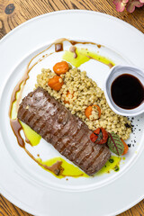 delicious steak from marbled meat in the restaurant
