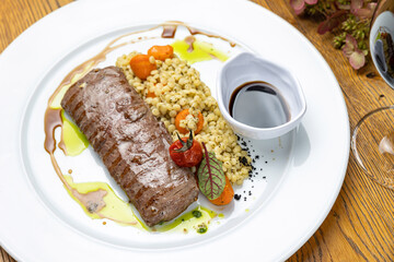 delicious steak from marbled meat in the restaurant
