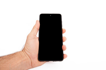 Hand holding mobile phone and blank screen for template advertising and branding technology background. 
 Realistic trendy smartphone mockup with thin frames and blank white screen isolated. 