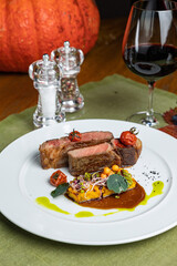delicious steak from marbled meat in the restaurant
