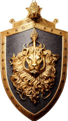 Bronze shield with lion head at transparent background
