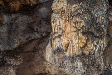Inkaya cave in Izmir. Close up view cave formations. Guzelbahce, Yelki, Turkey