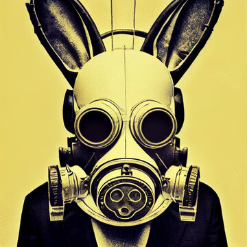 Rabbit in a post-apocalyptic world. A rabbit with human characteristics. Rabbit wearing a gas mask. Animals in the post-tragedy world.