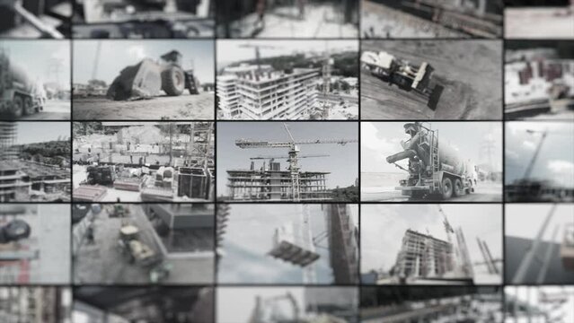 Construction site multiscreen video. Modern building collage. Modern building site. Construction equipment at the construction site