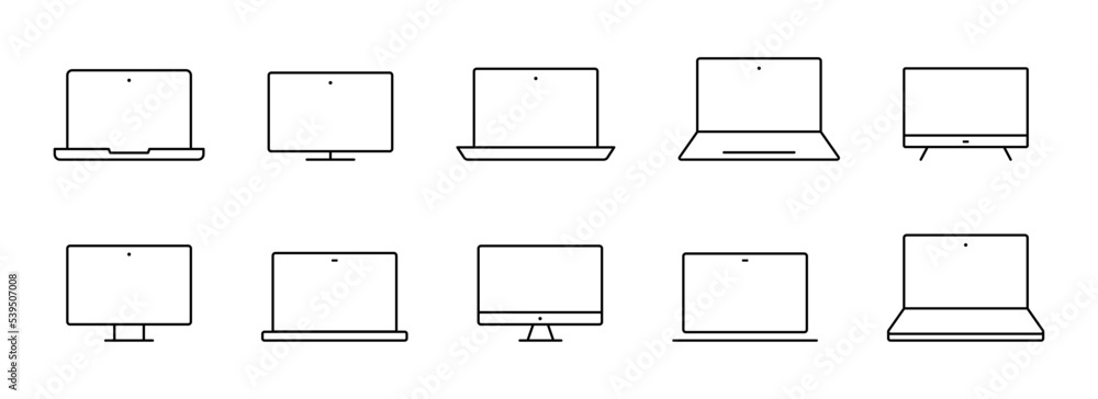 Poster computer monitor. laptop vector icon set. computer screen line icon