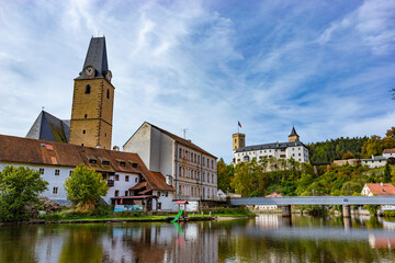 Fototapeta premium Small town and medieval castle Rozmberk nad Vltavou, Czech Republic.