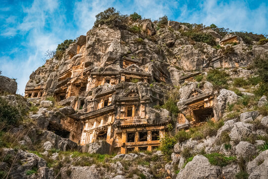 Rock-cut tombs in Myra Ancient City. The Ancient City of Myra, located in Antalya’s Demre province.