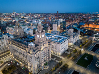 Obraz premium Aerial view of The Liver Building, Merseyside, England