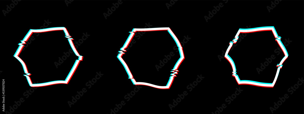 Poster set of white glitch hexagon icons or frames. geometric neon shapes with distorted effect. modern des