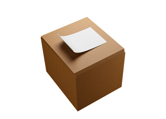 Cardboard box with a sticker. Cardboard box in the air, isolated on a white background. Concept of delivery or relocation. 3D Render