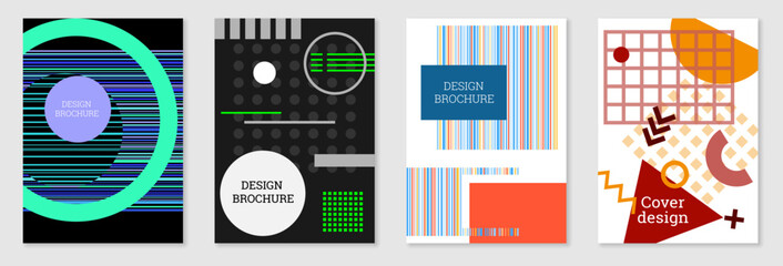 Set of cover design in Memphis style. Geometric design, abstract background. Fashionable bright cover, banner, poster, booklet. Creative colors.