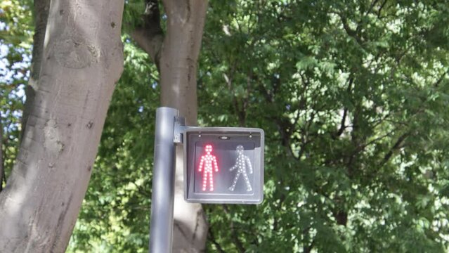 Signal routier lumineux rouge pour passage pi&eacute;ton : "ne pas traverser", France