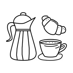 Tea cup with teapot and croissant in hand drawn doodle style. Tea time concept. Vector illustration.